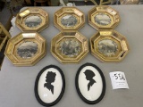 Pair of silhouettes, six octagon shaped small pictures