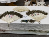 Three vintage fans - two peacock feathers and one lace