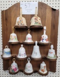 Wood shelf for displaying collectible bells, bells included