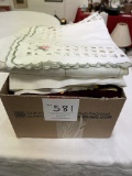 Box of vintage linens, doilies and dresser toppers