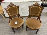 Pair of Victorian chairs - wood and brown velvet, on castors