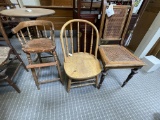 Wood high chair and two wood dining chairs