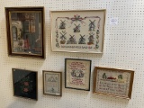One embroidered flower, two needlepoint pictures and more