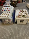 Two storage bins of Christmas decorations and ornaments