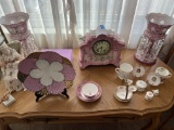 Pink china clock, pair pink crystal/china vases and more