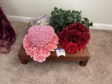 Wood stand, four faux floral hearts, faux plant, two bags of sea shells