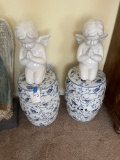 Pair large blue/white jars with white cherubs