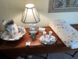 Vanity pitcher/bowl; figures lamp; gilt desk clock and more