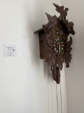 Framed picture, cuckoo clock, framed bead work