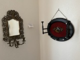 Metal mirrored candle holder; wood hat rack cross stitch center