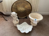 Large brass tray, ceramic planter, ceramic shell, stone angel