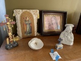 Framed Madonna and child, white bust of Mary and more