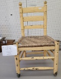 Hand made vintage kitchen chair with hand woven seat, yellow
