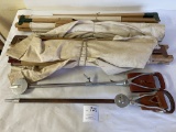 Pair of wood and canvas cots; two crutches