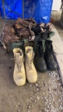 Tote of Hunting clothes & 2 pairs of Mickey boots