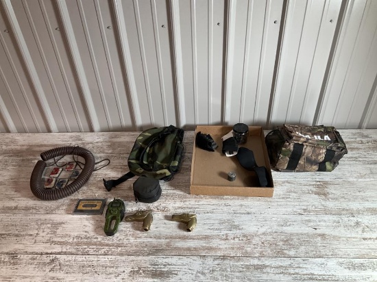Lot of Brass canes, bags, elk calls, screws