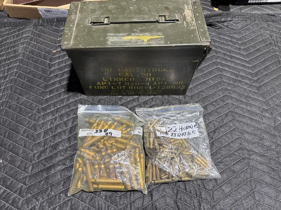 Ammo box and 338, 22 hornet brass casings
