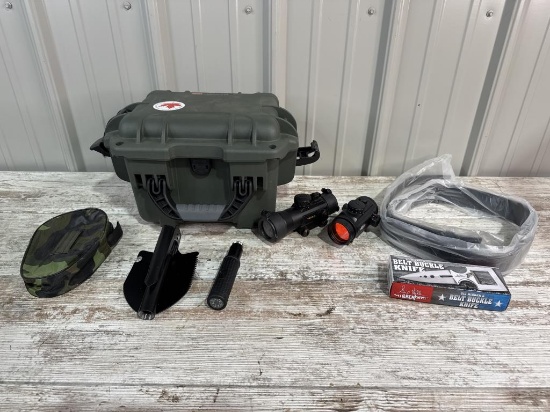 Nanuk Box, Belt Buckle Knife, Scopes,  Camping