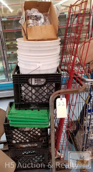 Plastic crates w/ miscellaneous, cart not included