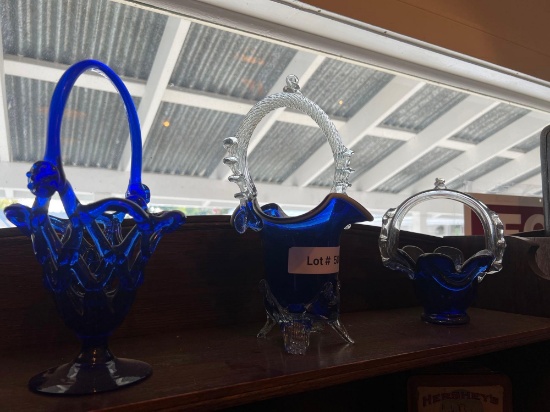 (3) Vintage Cobalt Blue Glass Baskets