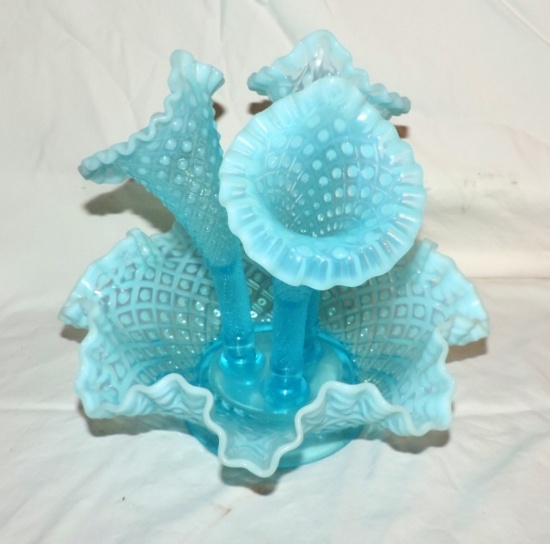 Beautiful Blue Opalescent Hobnail Epergne