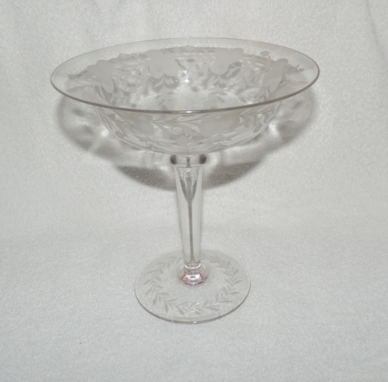 Signed Hawks Crystal Etched Glass Compote