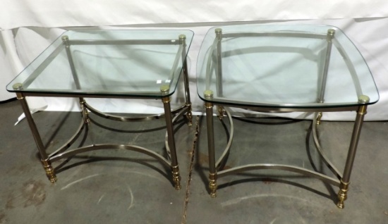 Pair Of Brass & Silver Metal Glass Top Tables
