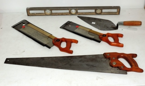 Lot Of Hand Saws Level & Trowel