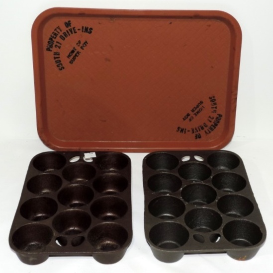 2 Cast iron Muffin Pans & Drive In Tray