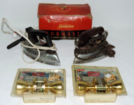 Box Lot Antique Irons & Door Handles