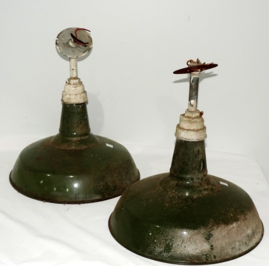 2 Vintage Gas Station Green Enamel Shades