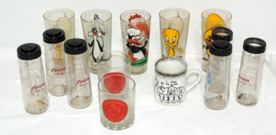 Collectible Cartoon Glasses & Hygeia Milk Bottle lot
