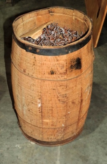 Antique Wood Nail Keg With Nails