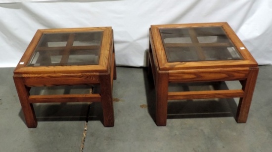 Pair Of Oak & Glass Top Side Tables