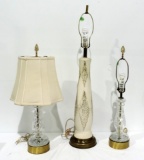 Pair Of Crystal Table Lamps & 1960's Pottery Lamp