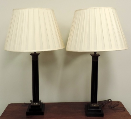 Pair Of Black Wood Columned Lamps