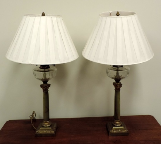 Pair Of Marble, Brass & Glass lamps