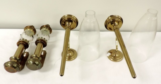 2 Pair Brass And Glass Wall Sconces