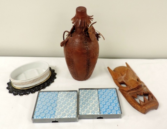 Leather Bottle, Wood mask and Bell Telephone Playing Cards