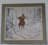 Oil On Canvas Mountain Man On Horse In A Winter Landscape