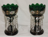 Lovely Pair Victorian Green Glass Lusters