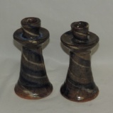 Pair of BB Craig Blue and Cream Swirl NC Pottery Candle Holders