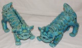 Pair Of Vintage Turquoise Pottery Foo Dogs