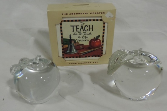 (2) Crystal Apple Paperweights And Teacher Coasters