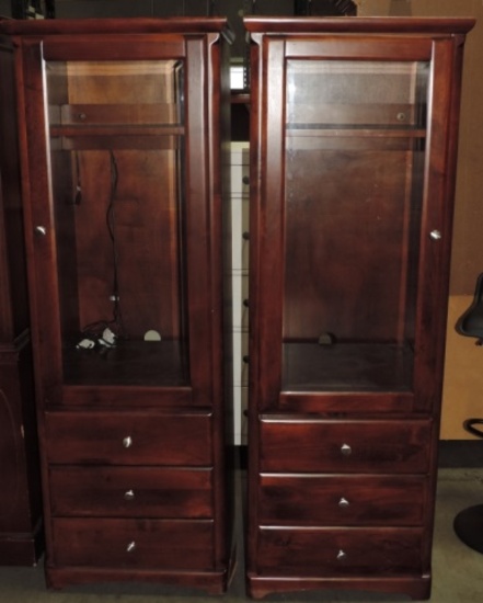 Pair Of Mahogany Glass Front Door/3 Drawer Cabinets