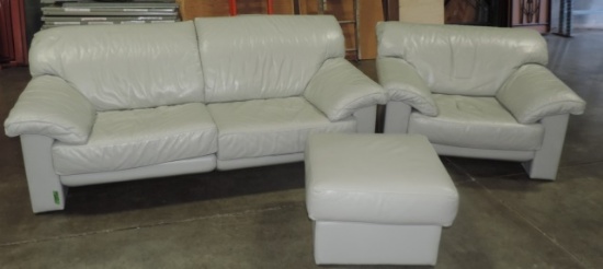 3 Piece Grey Leather Sofa, Chair, And Ottoman