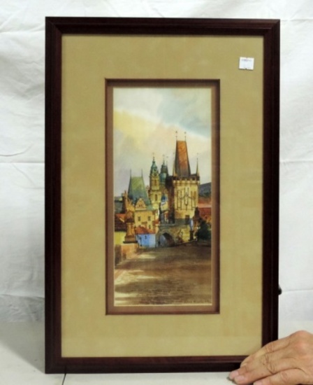 Original Signed European Watercolor Of Village