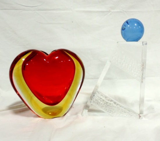 Modern Lucite Bookend And Signed Art Glass Heart Vase