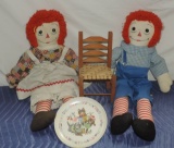 Vintage Raggedy Ann And Andy Doll, Doll Chair And Abc Plate