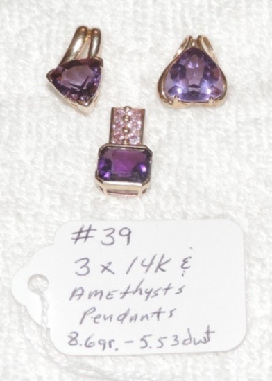 (3) 14 Kt. Gold and Amethyst Pendants
